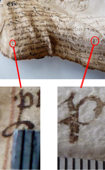 Two letters P of different size due to parchment reaction to heat